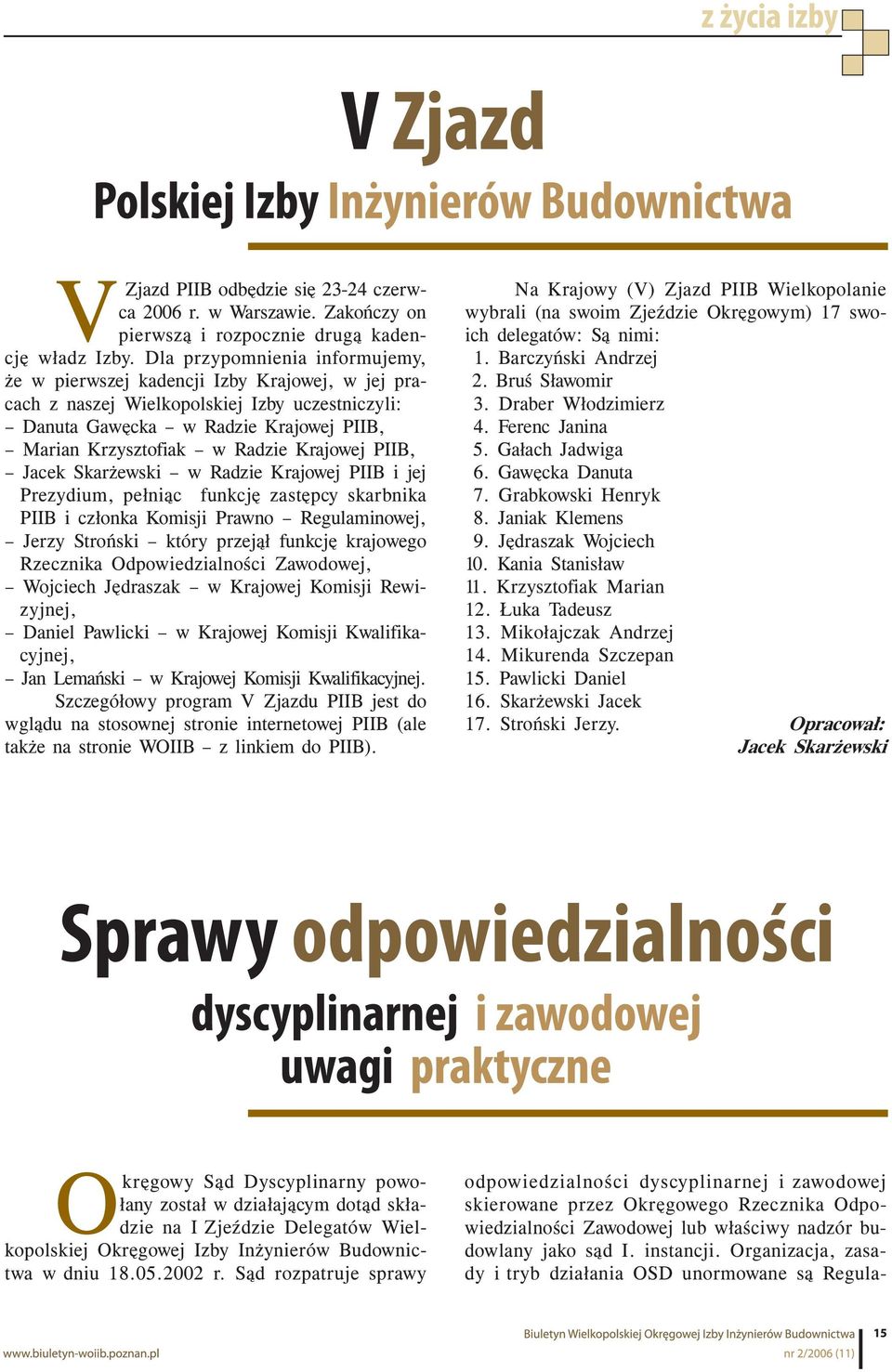 Krajowej PIIB, Jacek Skarżewski w Radzie Krajowej PIIB i jej Prezydium, pełniąc funkcję zastępcy skarbnika PIIB i członka Komisji Prawno Regulaminowej, Jerzy Stroński który przejął funkcję krajowego