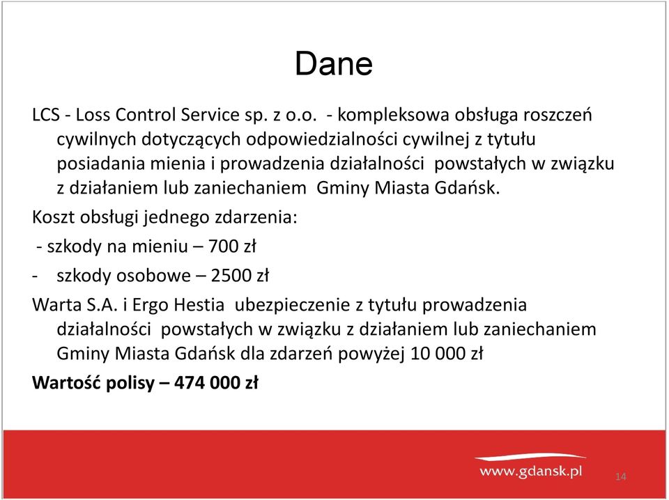 mienia i prowadzenia działalności powstałych w związku z działaniem lub zaniechaniem Gminy Miasta Gdańsk.