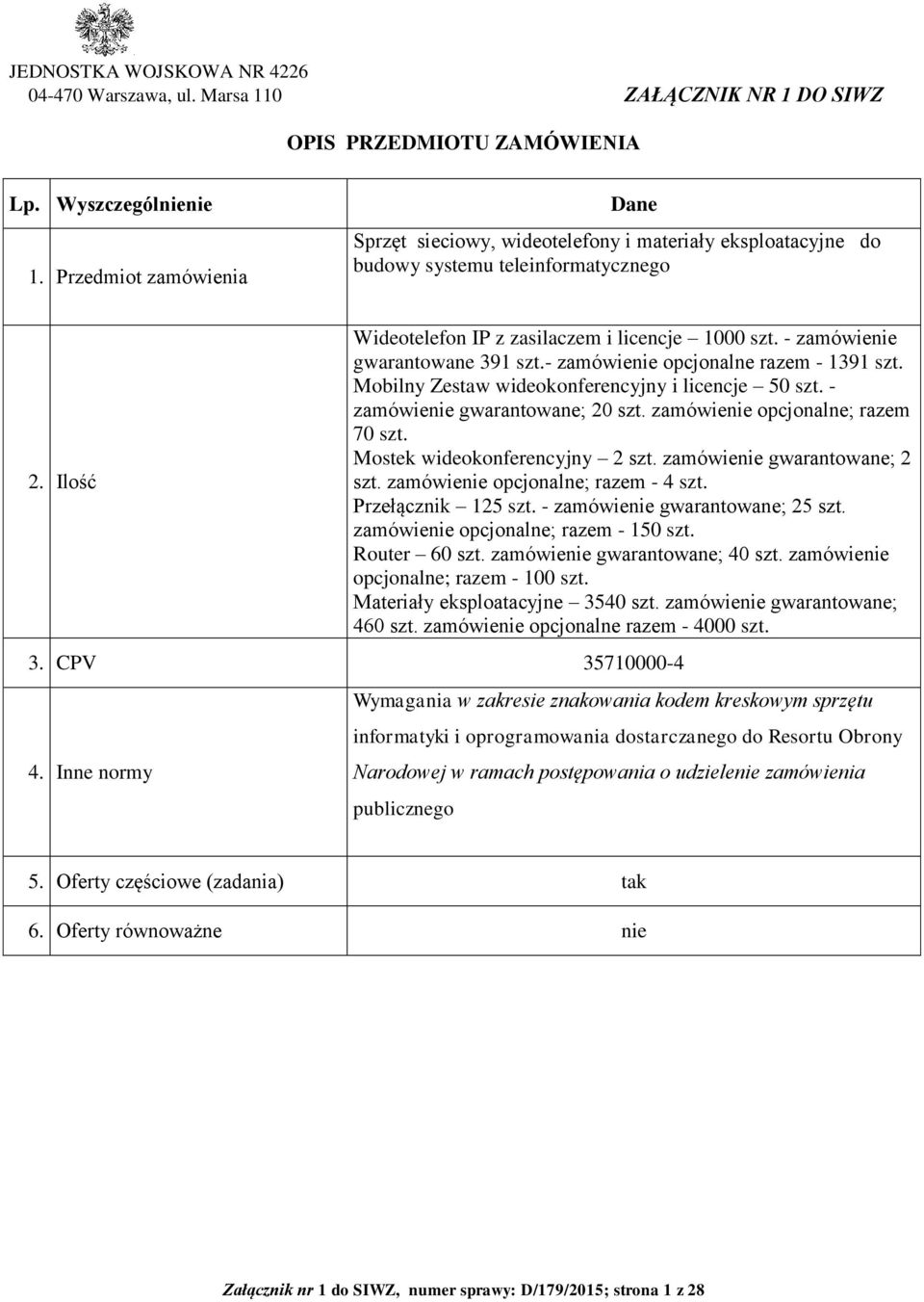 - zamówienie gwarantowane 391 szt.- zamówienie opcjonalne razem - 1391 szt. Mobilny Zestaw wideokonferencyjny i licencje 50 szt. - zamówienie gwarantowane; 20 szt. zamówienie opcjonalne; razem 70 szt.