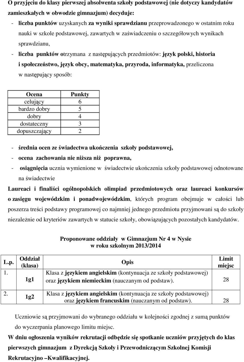 społeczeństwo, język obcy, matematyka, przyroda, informatyka, przeliczona w następujący sposób: Ocena Punkty celujący 6 bardzo dobry 5 dobry 4 dostateczny 3 dopuszczający 2 - średnia ocen ze