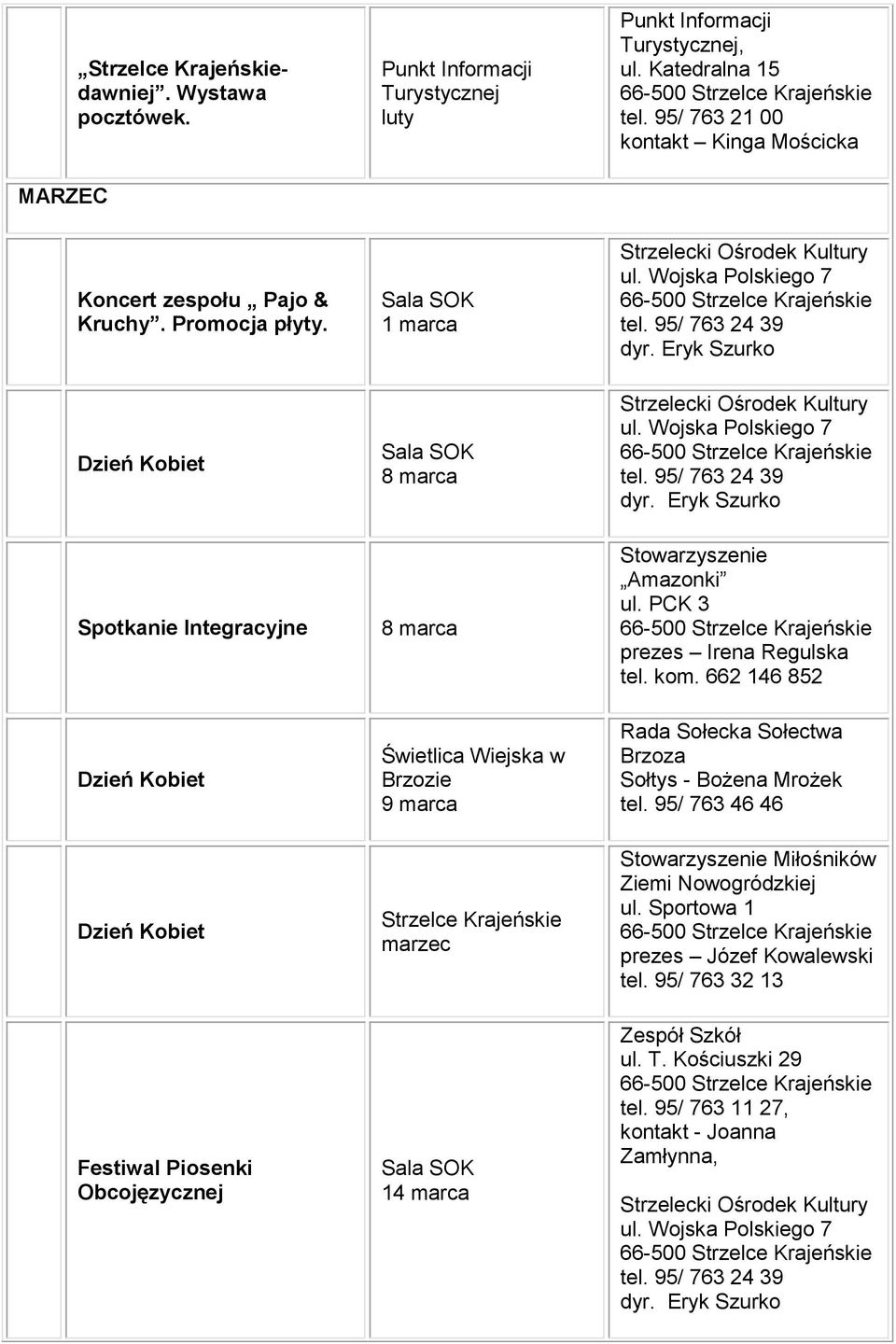 1 marca Dzień Kobiet 8 marca Spotkanie Integracyjne Dzień Kobiet Dzień Kobiet 8 marca Świetlica Wiejska w Brzozie 9 marca Strzelce Krajeńskie marzec Stowarzyszenie Amazonki ul.