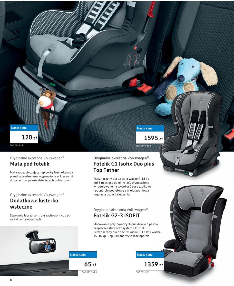 5G0 019 909 A 1595 zł Fotelik G1 Isofix Duo plus Top Tether Przeznaczony dla dzieci o wadze 9-18 kg (od 8 miesięcy do ok. 4 lat).