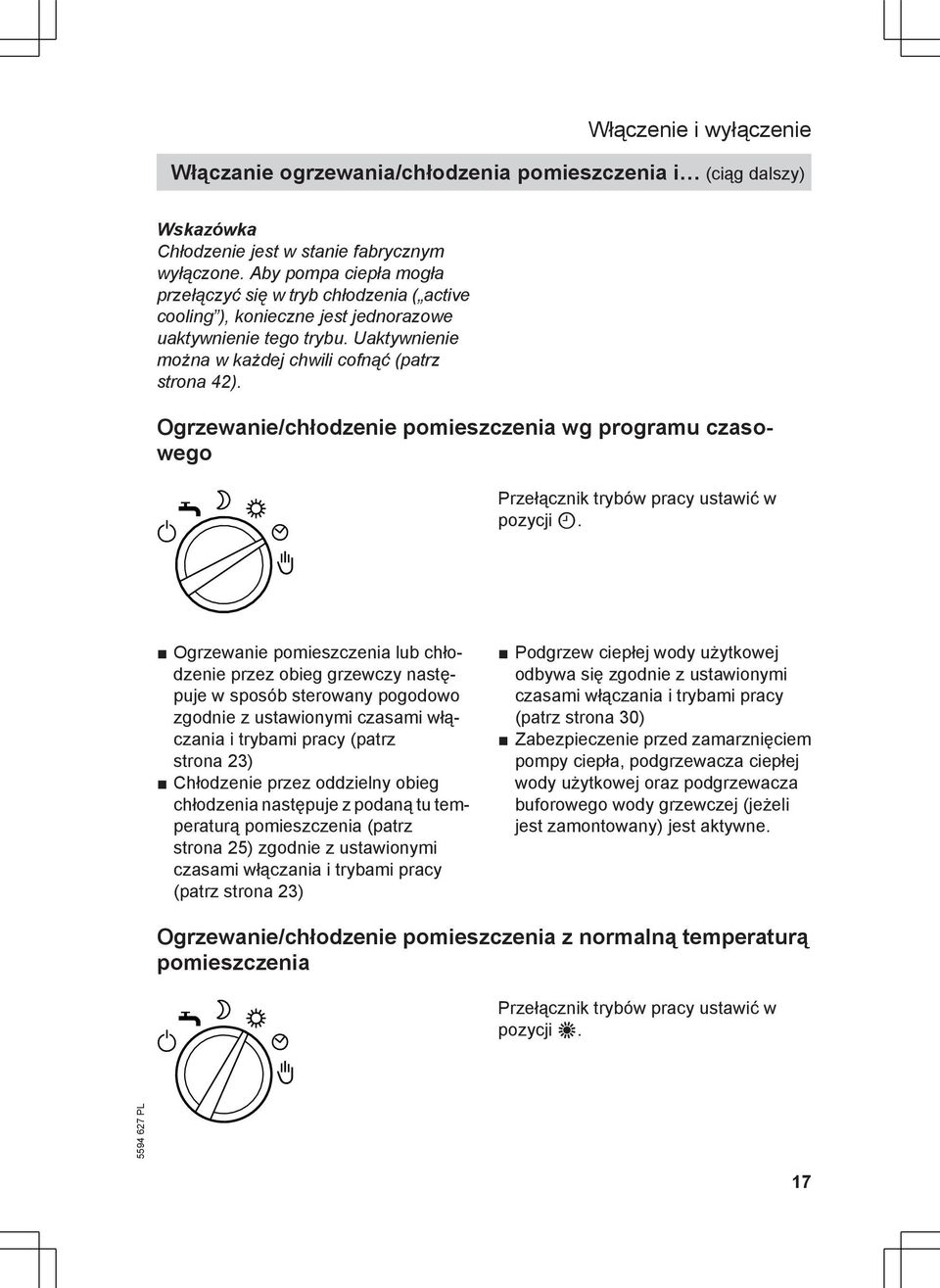 Ogrzewanie/chłodzenie pomieszczenia wg programu czasowego Przełącznik trybów pracy ustawić w pozycji u.