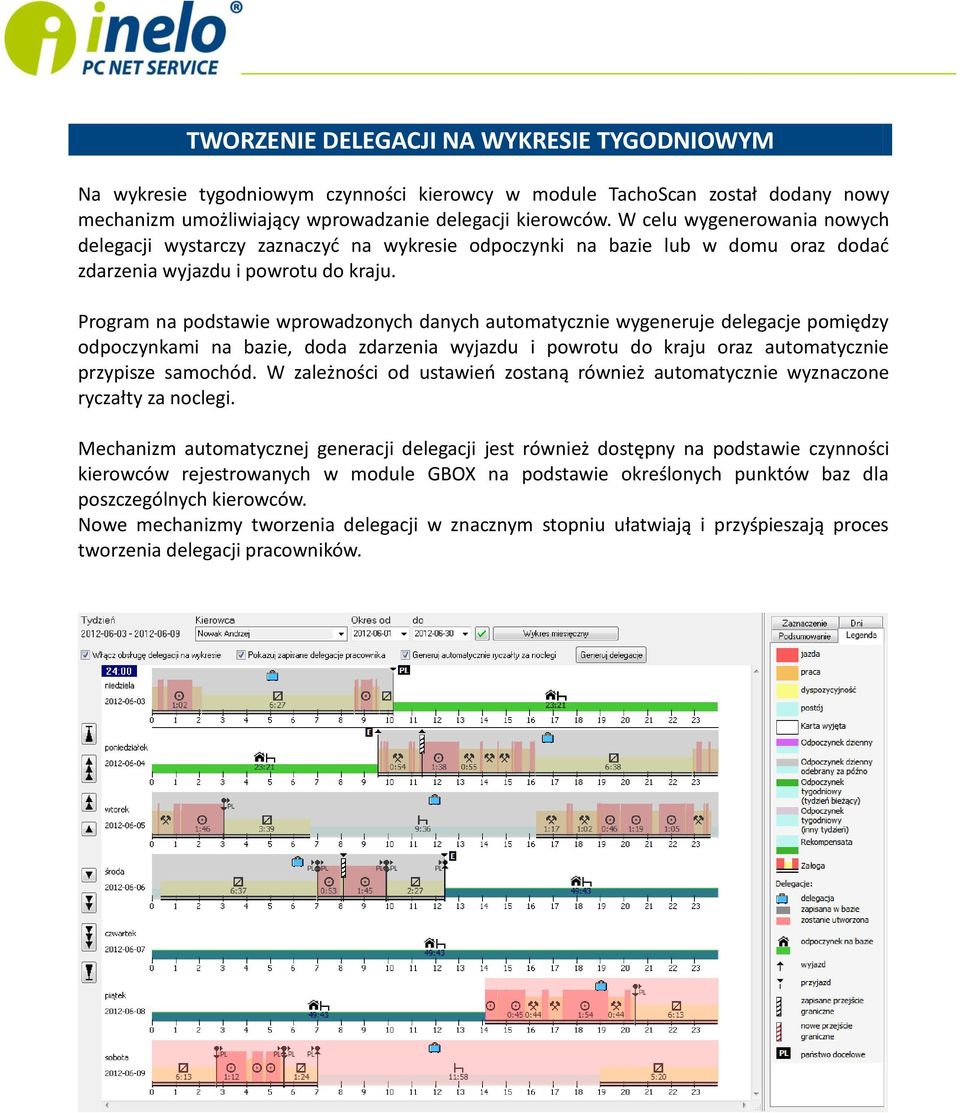 Program na podstawie wprowadzonych danych automatycznie wygeneruje delegacje pomiędzy odpoczynkami na bazie, doda zdarzenia wyjazdu i powrotu do kraju oraz automatycznie przypisze samochód.