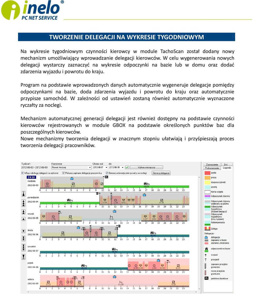 Program na podstawie wprowadzonych danych automatycznie wygeneruje delegacje pomiędzy odpoczynkami na bazie, doda zdarzenia wyjazdu i powrotu do kraju oraz automatycznie przypisze samochód.