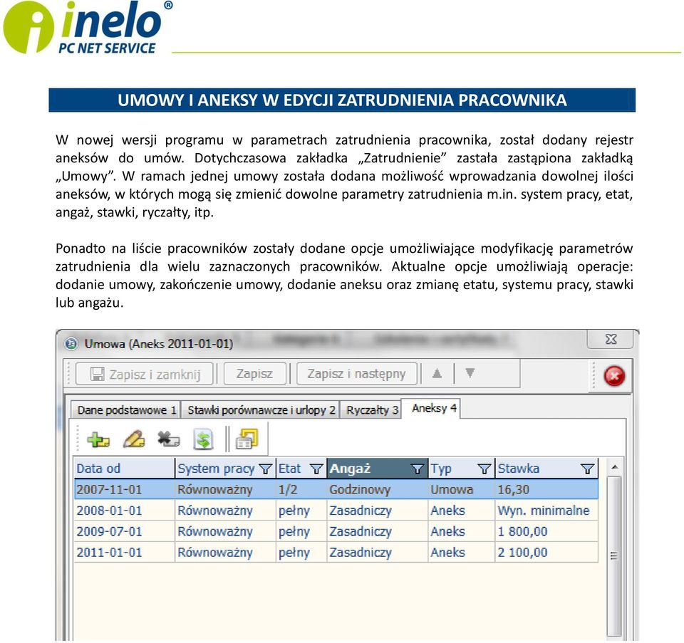 W ramach jednej umowy została dodana możliwość wprowadzania dowolnej ilości aneksów, w których mogą się zmienić dowolne parametry zatrudnienia m.in.