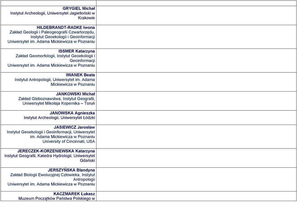 Adama Mickiewicza w Poznaniu JANKOWSKI Michał Zakład Gleboznawstwa, Instytut Geografii, Uniwersytet Mikołaja Kopernika Toruń JANOWSKA Agnieszka Instytut Archeologii, Uniwersytet Łódzki JASIEWICZ