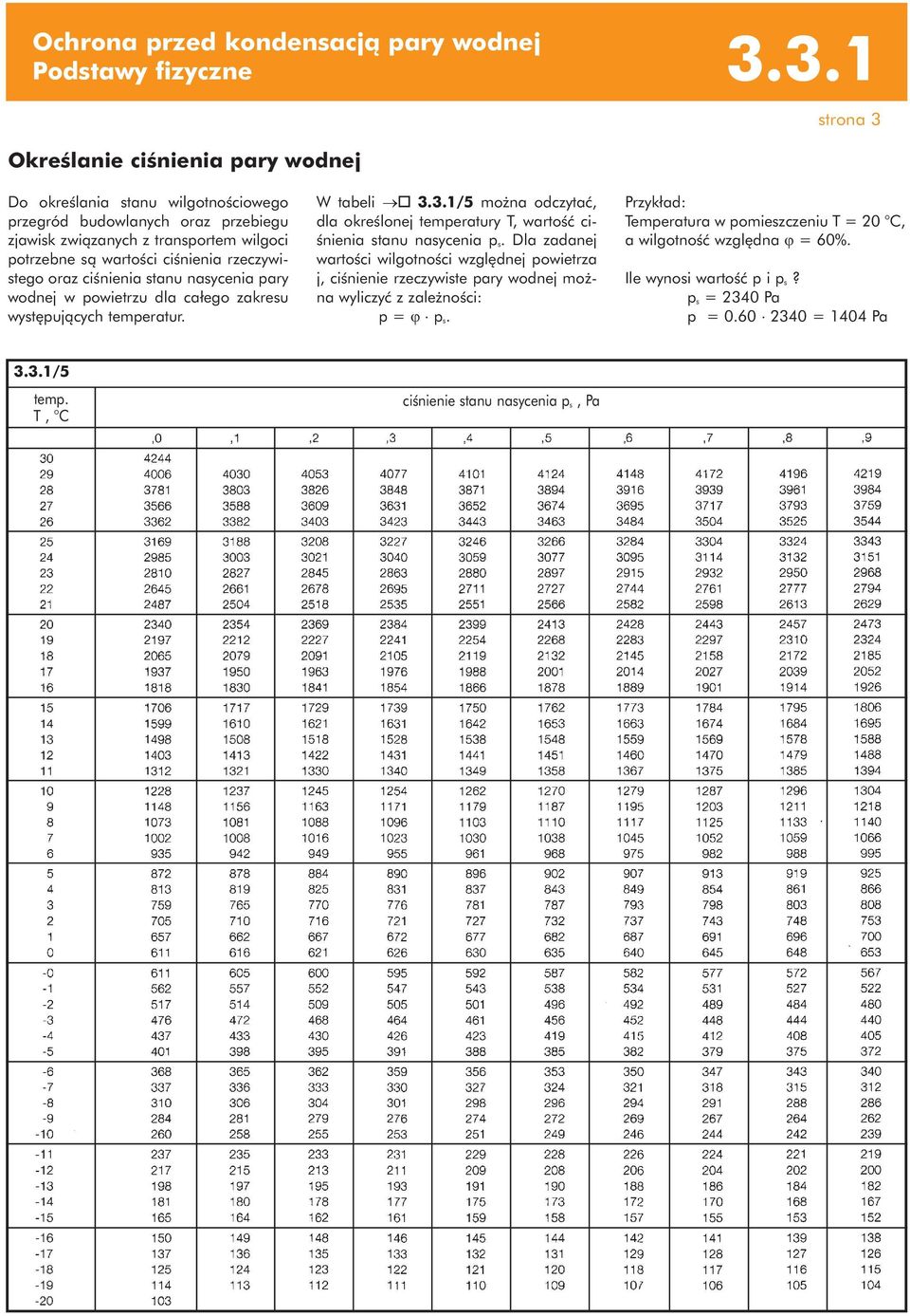 wartości ciśnienia rzeczywistego oraz ciśnienia stanu nasycenia pary wodnej w powietrzu dla całego zakresu występujących temperatur. W tabeli o 3.