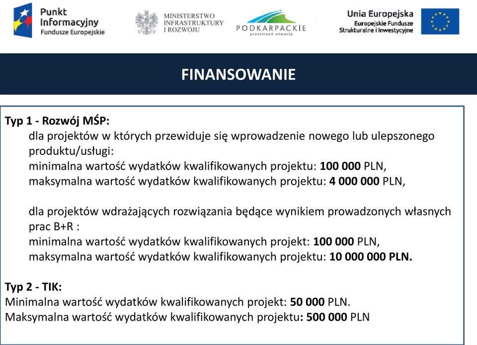 wynikiem prowadzonych własnych prac B+R : minimalna wartość wydatków kwalifikowanych projekt: 100 000 PLN, maksymalna wartość wydatków kwalifikowanych