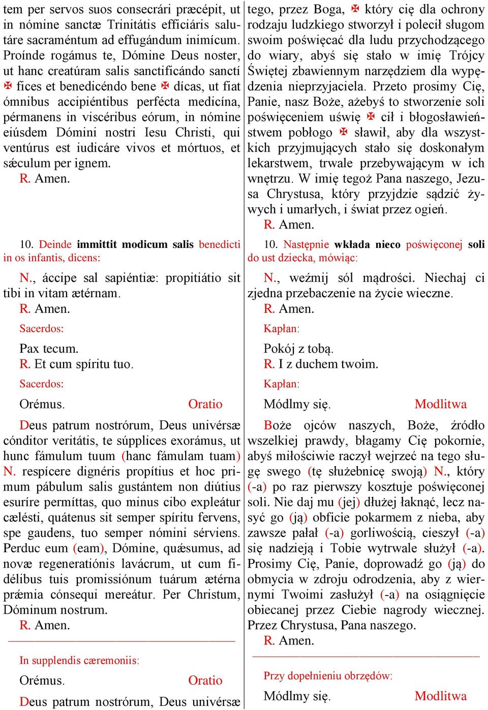 in nómine eiúsdem Dómini nostri Iesu Christi, qui ventúrus est iudicáre vivos et mórtuos, et sǽculum per ignem. 10. Deinde immittit modicum salis benedicti in os infantis, dicens: N.