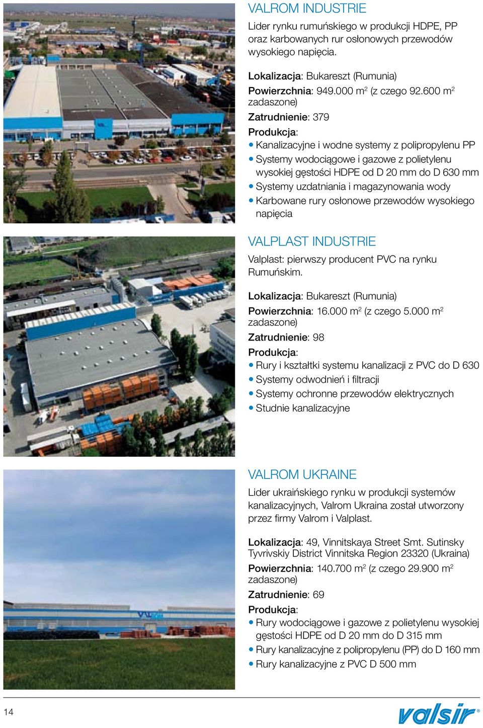 uzdatniania i magazynowania wody Karbowane rury osłonowe przewodów wysokiego napięcia VALPLAST INDUSTRIE Valplast: pierwszy producent PVC na rynku Rumuńskim.