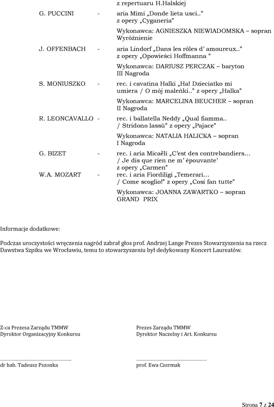 . z opery Halka Wykonawca: MARCELINA BEUCHER sopran II Nagroda R. LEONCAVALLO - rec. i ballatella Neddy Qual fiamma.. / Stridono lassù z opery Pajace Wykonawca: NATALIA HALICKA sopran I Nagroda G.