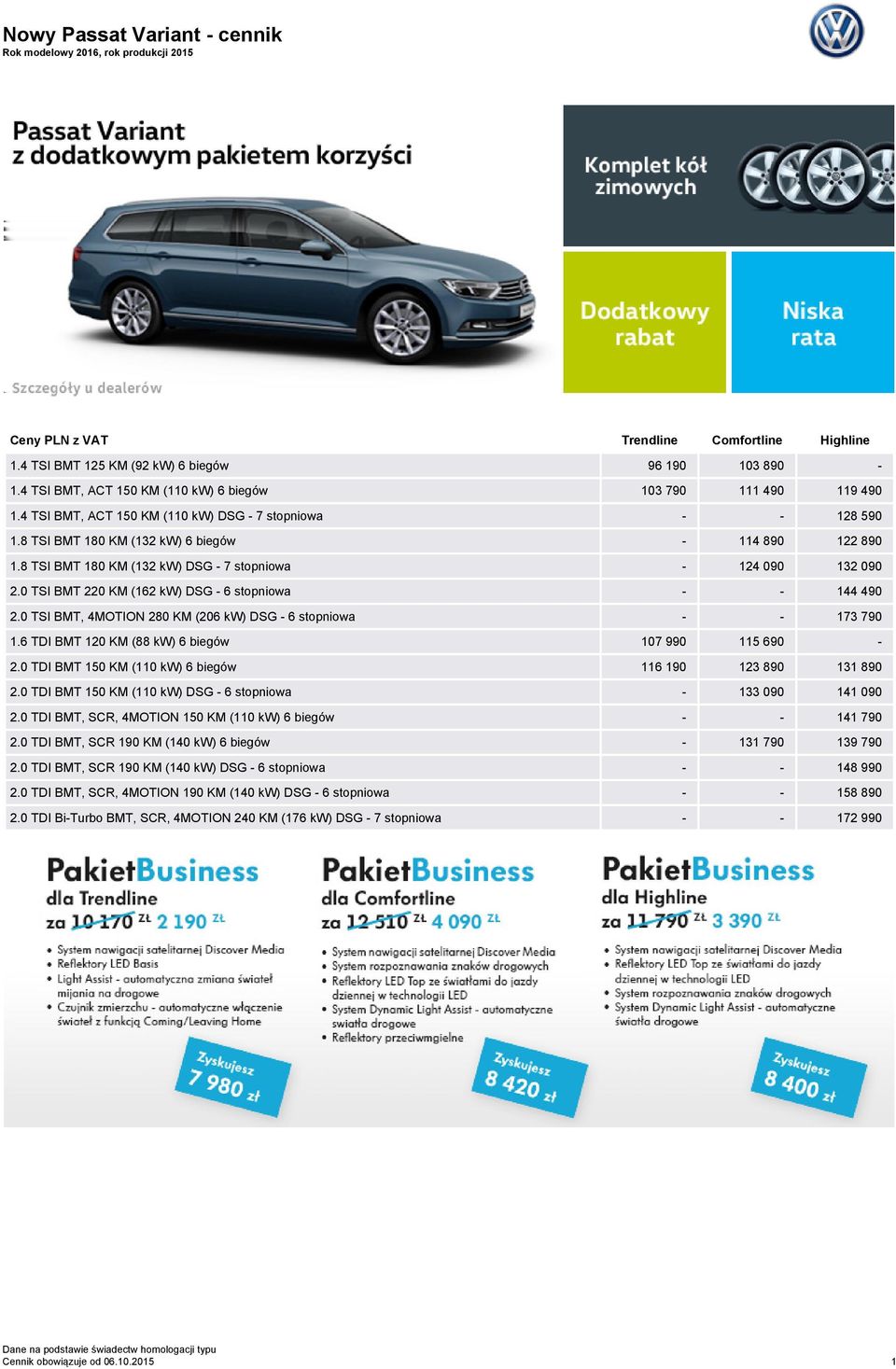 8 TSI BMT 180 KM (132 kw) DSG - 7 stopniowa - 124 090 132 090 2.0 TSI BMT 220 KM (162 kw) DSG - 6 stopniowa - - 144 490 2.0 TSI BMT, 4MOTION 280 KM (206 kw) DSG - 6 stopniowa - - 173 790 1.