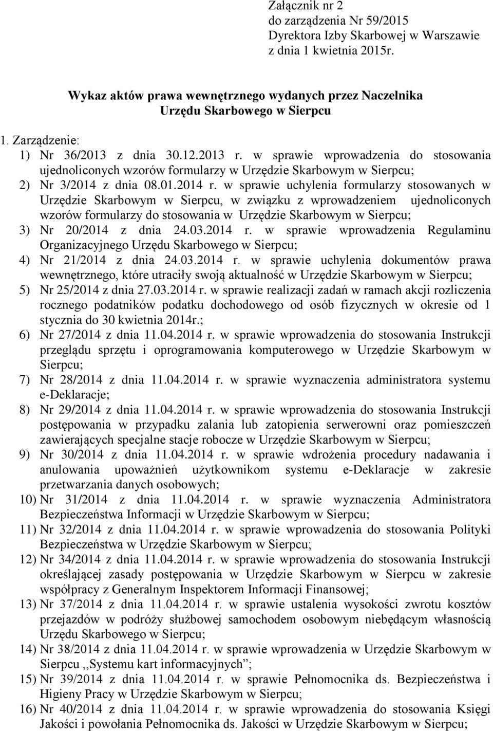 w sprawie uchylenia formularzy stosowanych w Urzędzie Skarbowym w Sierpcu, w związku z wprowadzeniem ujednoliconych wzorów formularzy do stosowania w Urzędzie 3) Nr 20/2014 z dnia 24.03.2014 r.