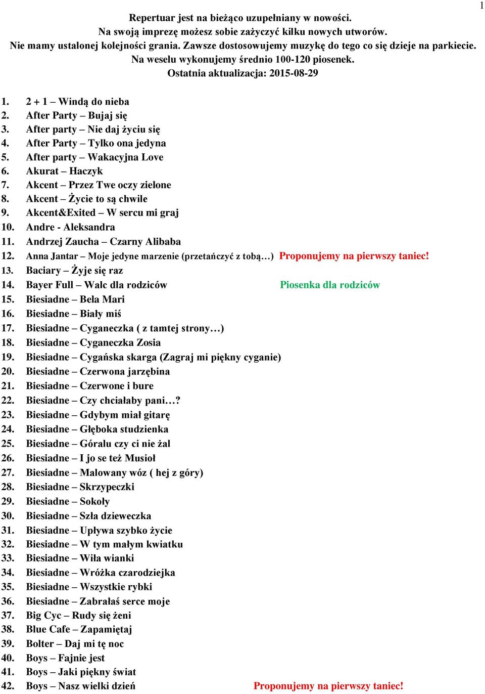 After party Nie daj życiu się 4. After Party Tylko ona jedyna 5. After party Wakacyjna Love 6. Akurat Haczyk 7. Akcent Przez Twe oczy zielone 8. Akcent Życie to są chwile 9.