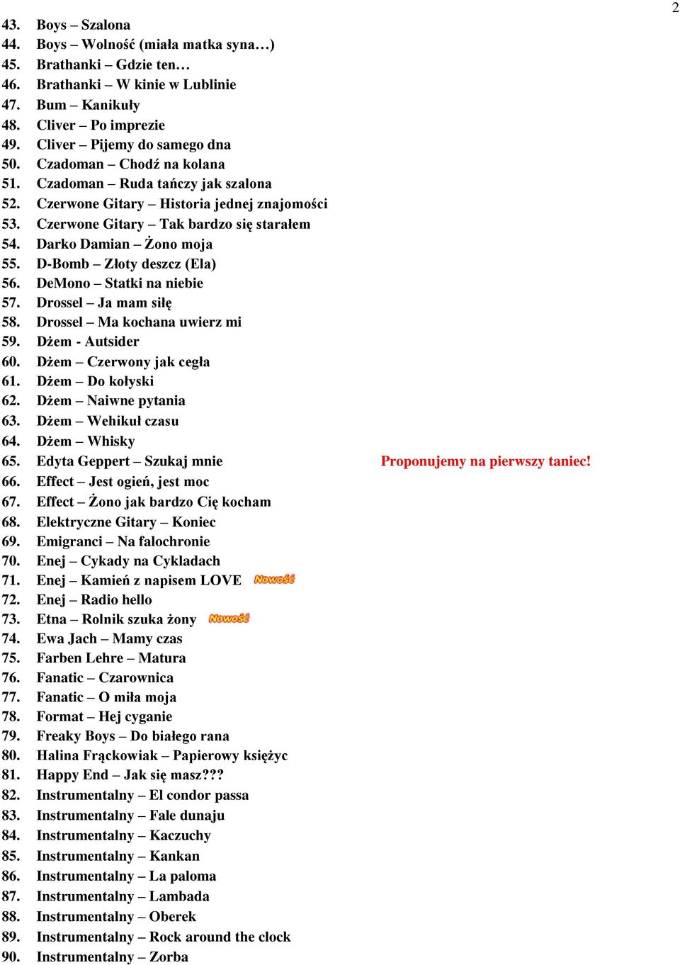 D-Bomb Złoty deszcz (Ela) 56. DeMono Statki na niebie 57. Drossel Ja mam siłę 58. Drossel Ma kochana uwierz mi 59. Dżem - Autsider 60. Dżem Czerwony jak cegła 61. Dżem Do kołyski 62.