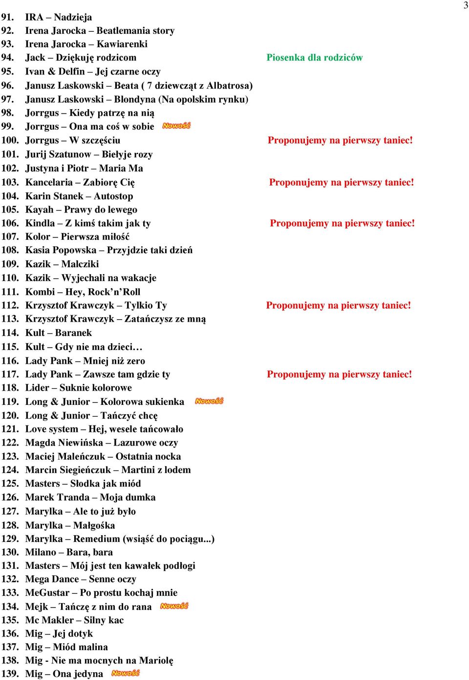 Jorrgus W szczęściu Proponujemy na pierwszy taniec! 101. Jurij Szatunow Biełyje rozy 102. Justyna i Piotr Maria Ma 103. Kancelaria Zabiorę Cię Proponujemy na pierwszy taniec! 104.
