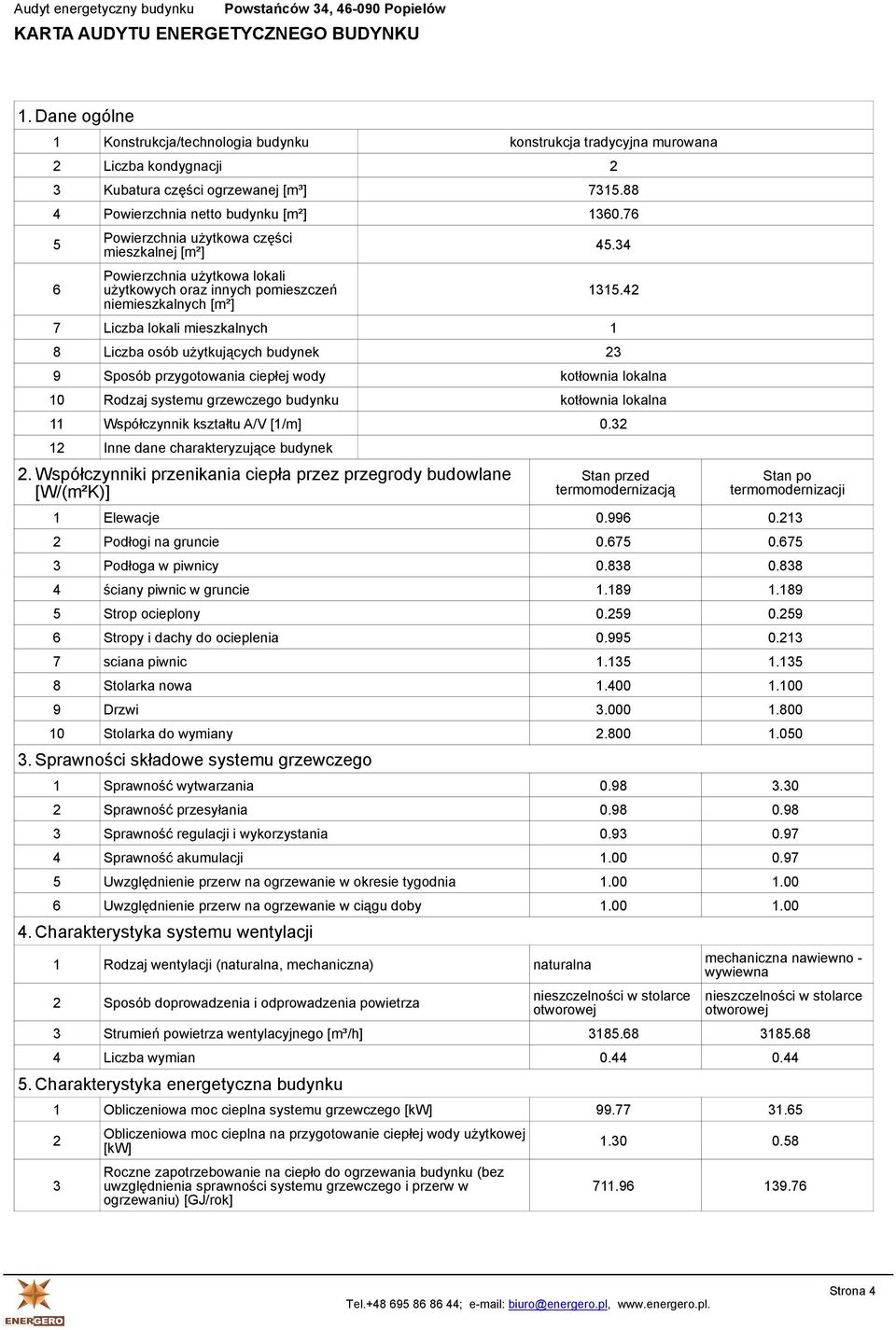 42 7 Liczba lokali mieszkalnych 1 8 Liczba osób użytkujących budynek 23 9 Sposób przygotowania ciepłej wody kotłownia lokalna 10 Rodzaj systemu grzewczego budynku kotłownia lokalna 11 Współczynnik