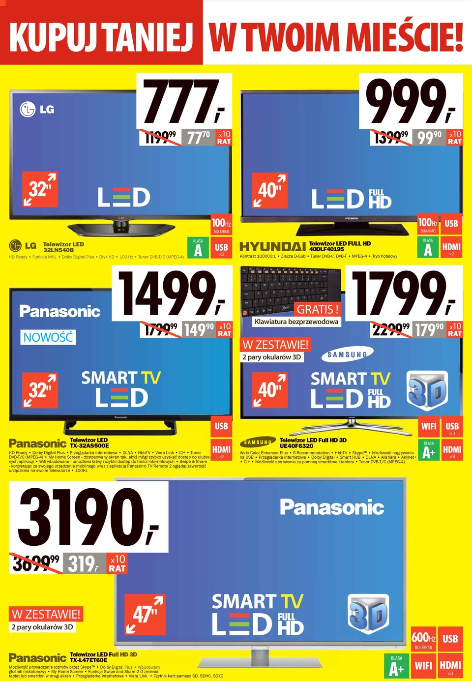 Telewizor LED FULL HD 40DLF40195 Kontrast 100000:1 Złącze D-Sub Tuner DVB-C, DVB-T MPEG-4 Tryb hotelowy 2 pary okularów 3D 40" 100Hz EKRAN MCI A 2 1799, GIS!