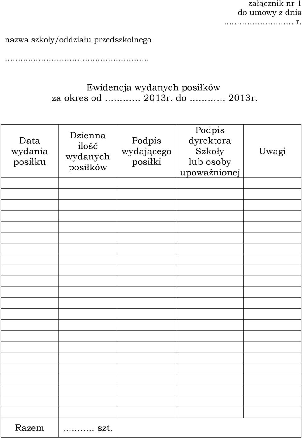 . Ewidencja wydanych posiłków za okres od 2013r. do 2013r.