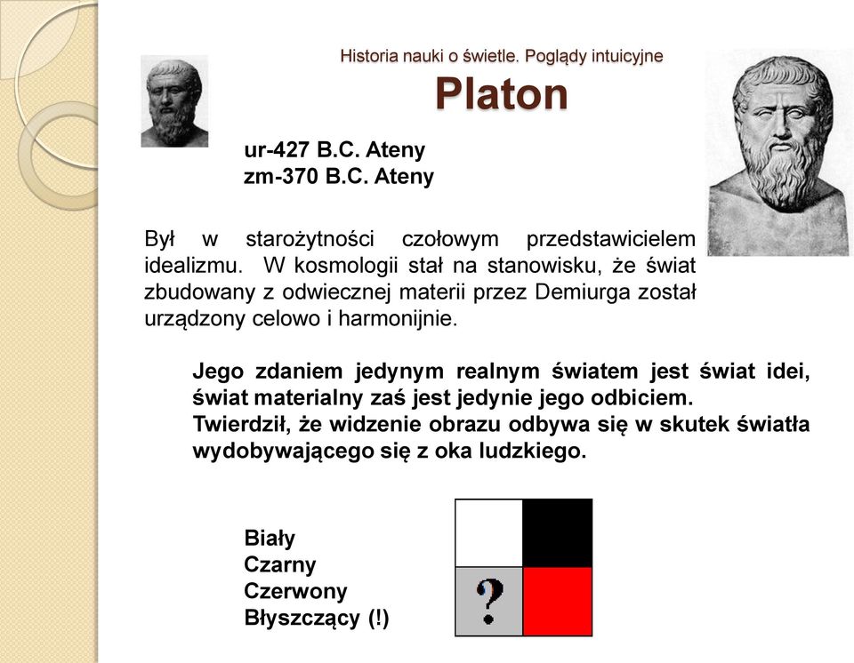Jego zdaniem jedynym realnym światem jest świat idei, świat materialny zaś jest jedynie jego odbiciem.
