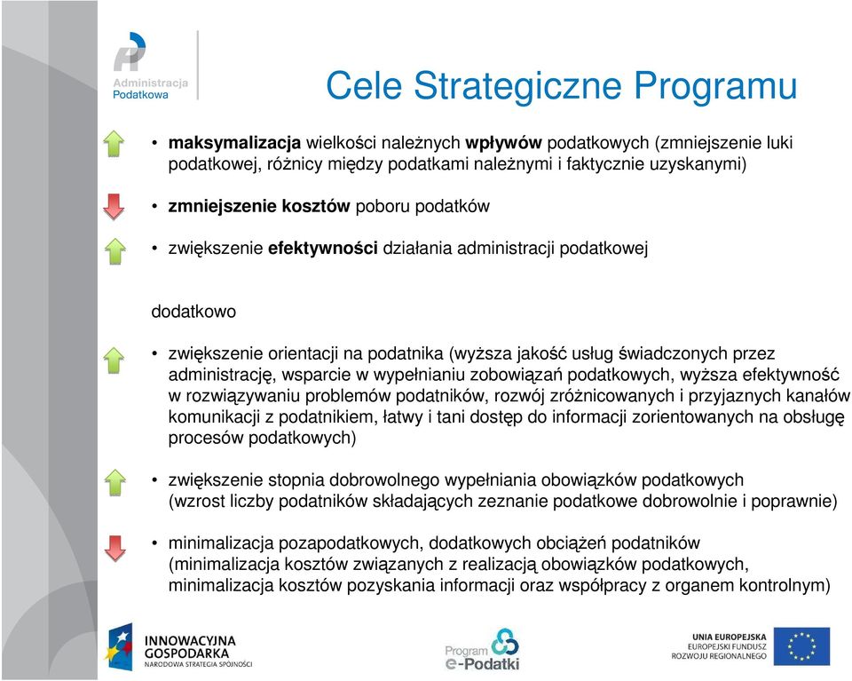 wypełnianiu zobowiązań podatkowych, wyższa efektywność w rozwiązywaniu problemów podatników, rozwój zróżnicowanych i przyjaznych kanałów komunikacji z podatnikiem, łatwy i tani dostęp do informacji