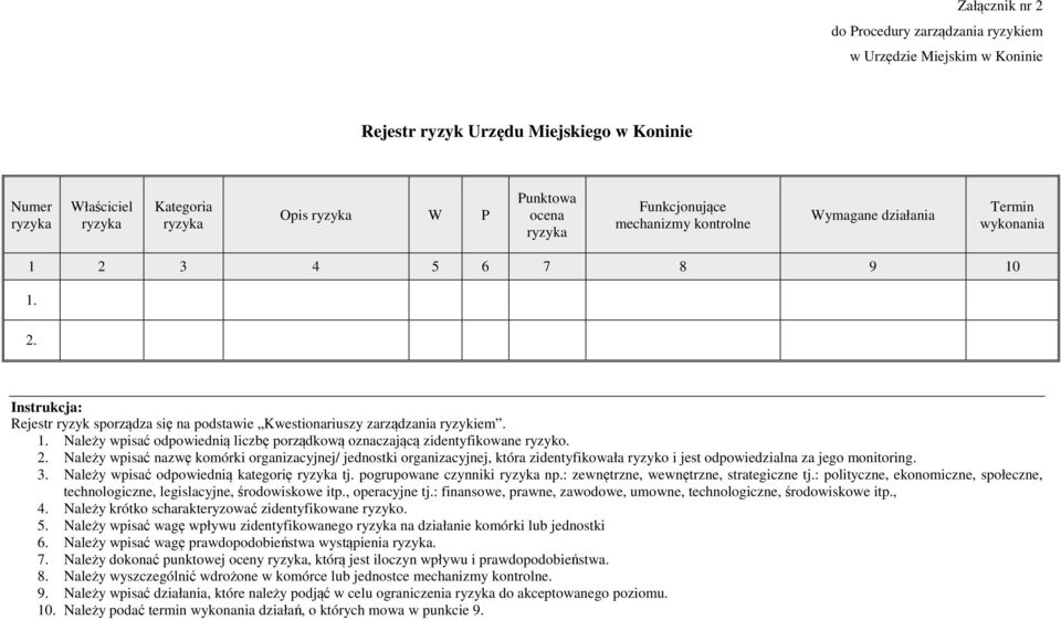 2. Należy wpisać nazwę komórki organizacyjnej/ jednostki organizacyjnej, która zidentyfikowała ryzyko i jest odpowiedzialna za jego monitoring. 3. Należy wpisać odpowiednią kategorię ryzyka tj.