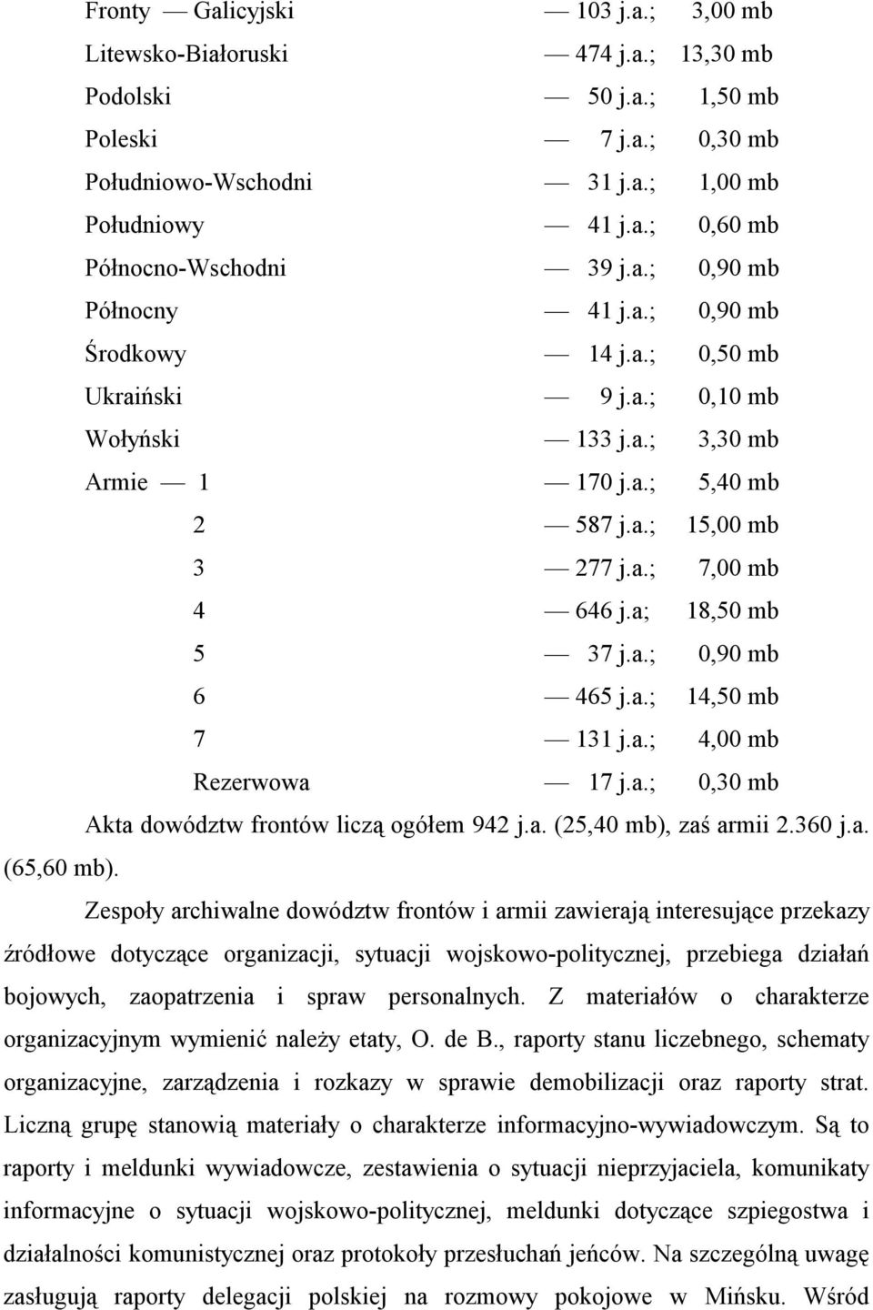 a; 18,50 mb 5 37 j.a.; 0,90 mb 6 465 j.a.; 14,50 mb 7 131 j.a.; 4,00 mb Rezerwowa 17 j.a.; 0,30 mb Akta dowództw frontów liczą ogółem 942 j.a. (25,40 mb), zaś armii 2.360 j.a. (65,60 mb).