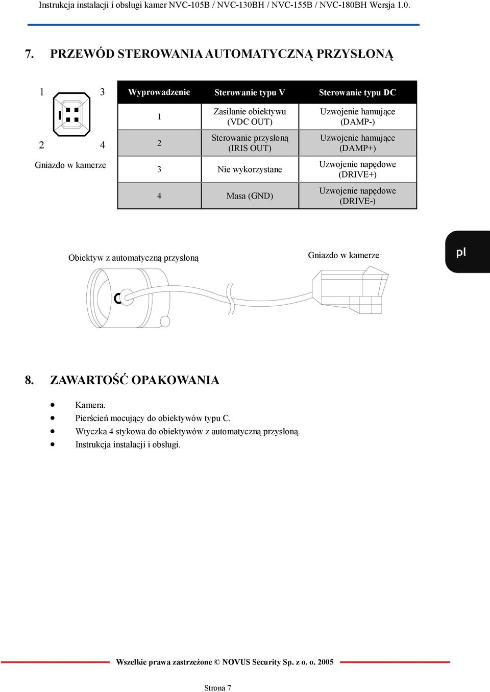 Uzwojenie napędowe (DRIVE+) Uzwojenie napędowe (DRIVE-) Obiektyw z automatyczną przysłoną Gniazdo w kamerze 8. ZAWARTOŚĆ OPAKOWANIA Kamera.