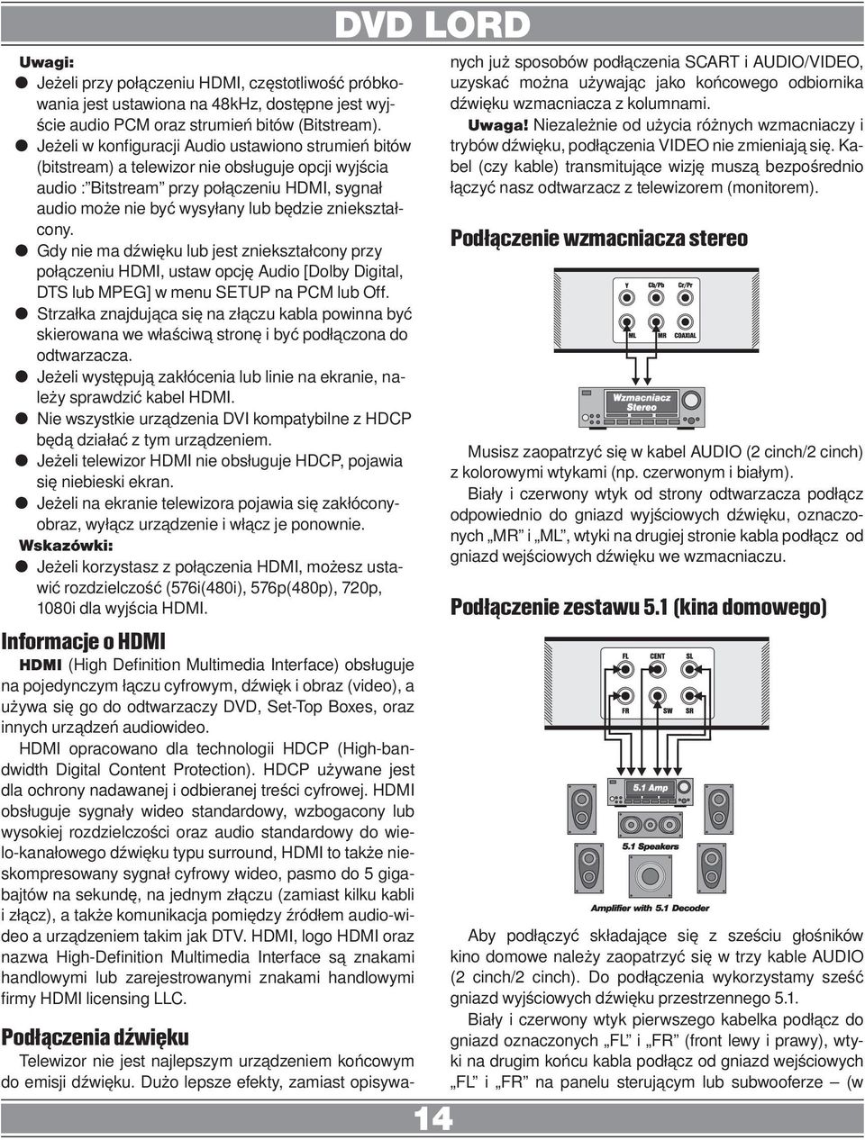 zniekształcony. Gdy nie ma dźwięku lub jest zniekształcony przy połączeniu HDMI, ustaw opcję Audio [Dolby Digital, DTS lub MPEG] w menu SETUP na PCM lub Off.