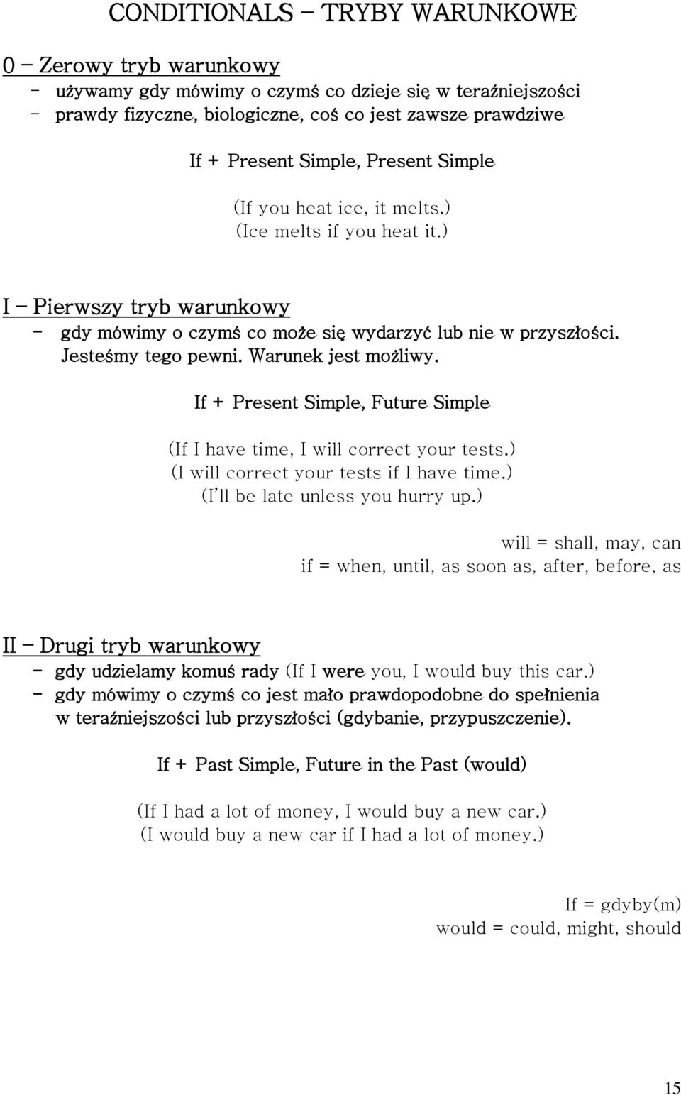 Warunek jest możliwy. If + Present Simple, Future Simple (If I have time, I will correct your tests.) (I will correct your tests if I have time.) (I ll be late unless you hurry up.