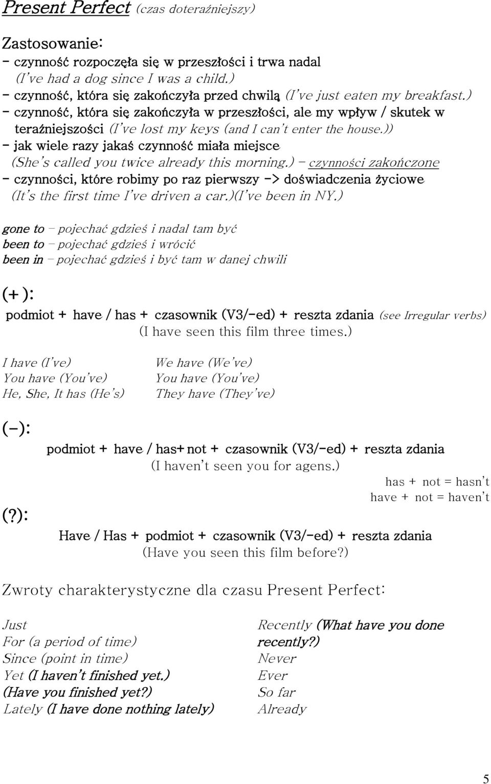 ) - czynność, która się zakończyła w przeszłości, ale my wpływ / skutek w teraźniejszości (I ve lost my keys (and I can t enter the house.