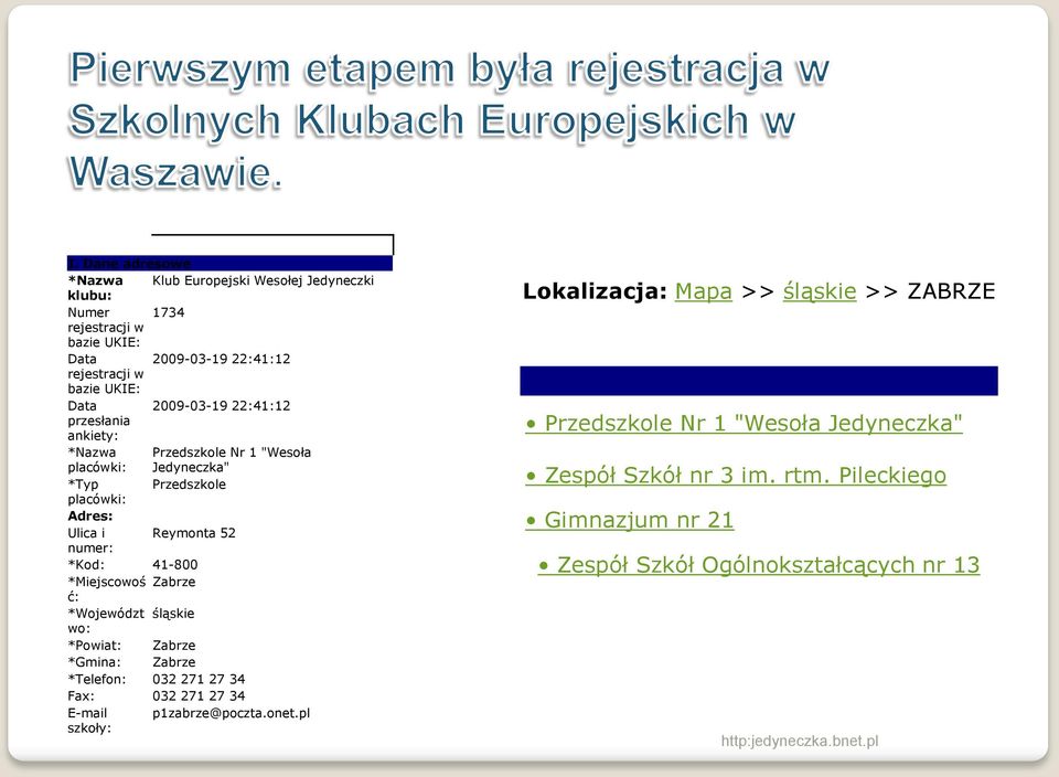 41-800 *Miejscowoś Zabrze ć: *Województ śląskie wo: *Powiat: Zabrze *Gmina: Zabrze *Telefon: 032 271 27 34 Fax: 032 271 27 34 E-mail p1zabrze@poczta.onet.