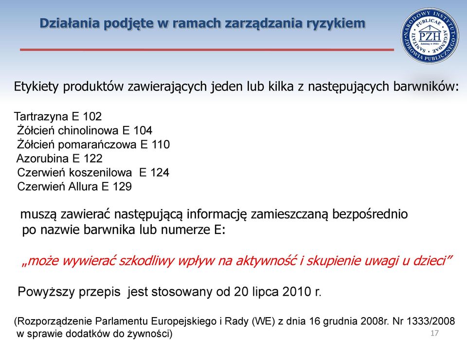 zamieszczaną bezpośrednio po nazwie barwnika lub numerze E: może wywierać szkodliwy wpływ na aktywność i skupienie uwagi u dzieci Powyższy przepis