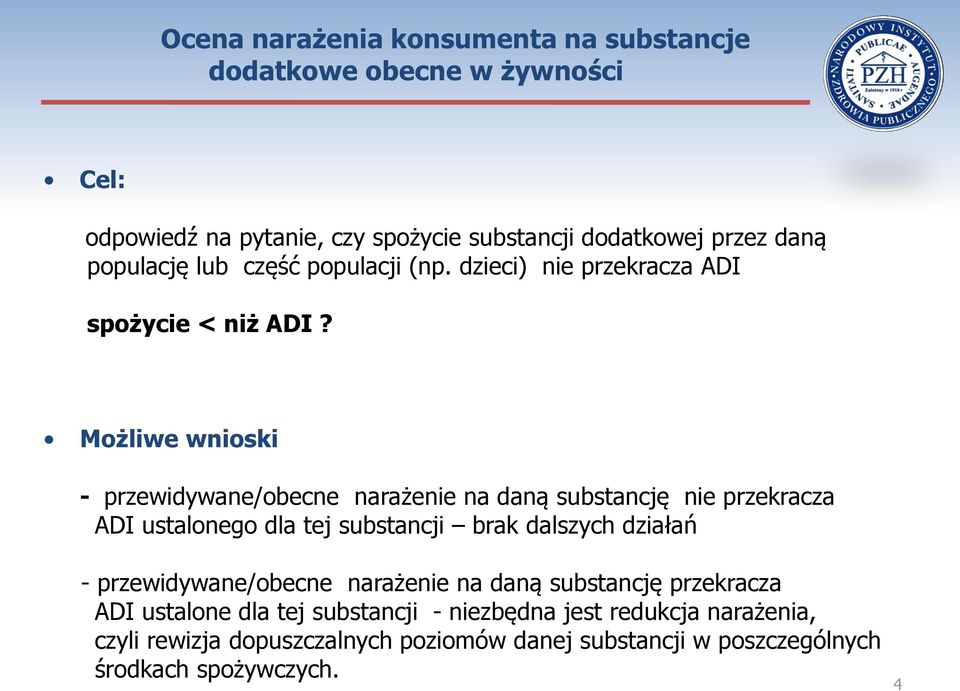 Możliwe wnioski - przewidywane/obecne narażenie na daną substancję nie przekracza ADI ustalonego dla tej substancji brak dalszych działań -