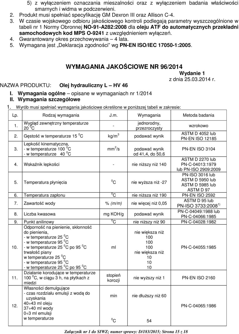 O-9241 z uwzględnieniem wyłączeń. 4. Gwarantowany okres przechowywania 4 lata. 5. Wymagana jest Deklaracja zgodności wg /IEC 17050-1:2005. WYMAGANIA JAKOŚCIOWE NR 96/2014 Wydanie 1 z dnia 25.03.