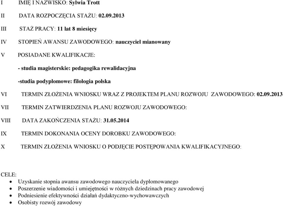 ROZWOJU ZAWODOWEGO: VIII DATA ZAKOŃCZENIA STAŻU: 31052014 IX X TERMIN DOKONANIA OCENY DOROBKU ZAWODOWEGO: TERMIN ZŁOŻENIA WNIOSKU O PODJĘCIE POSTĘPOWANIA KWALIFIKACYJNEGO: CELE: Uzyskanie