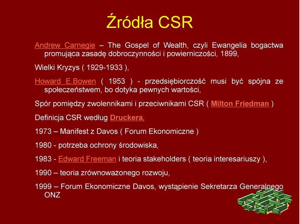 Bowen ( 1953 ) - przedsiębiorczość musi być spójna ze społeczeństwem, bo dotyka pewnych wartości, Spór pomiędzy zwolennikami i przeciwnikami CSR ( Milton