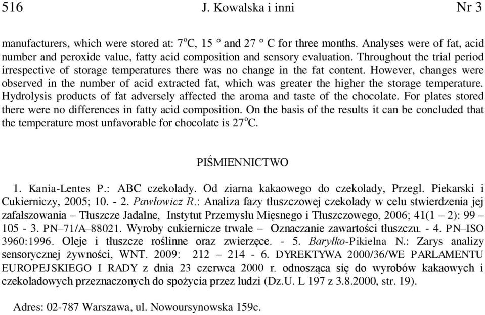 Throughout the trial period irrespective of storage temperatures there was no change in the fat content.