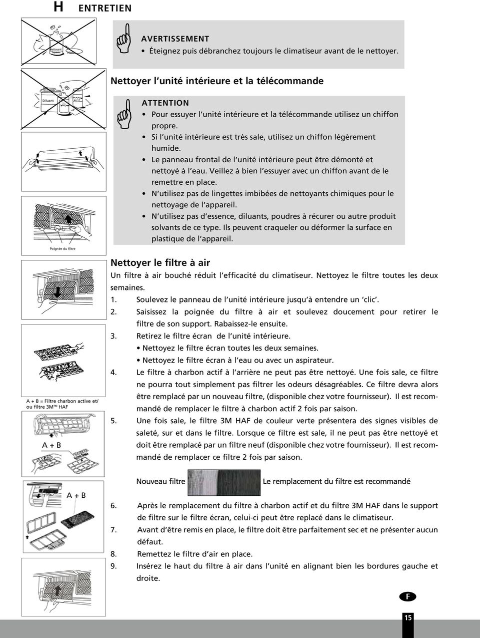 Si l unité intérieure est très sale, utilisez un chiffon légèrement humide. Le panneau frontal de l unité intérieure peut être démonté et nettoyé à l eau.