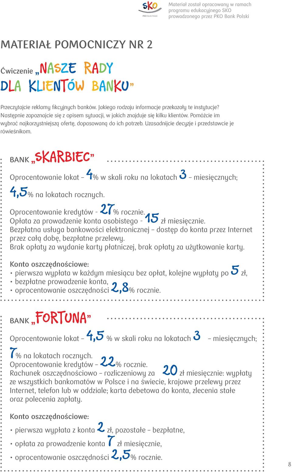 Uzasadnijcie decyzje i przedstawcie je rówieśnikom. BANK SKARBIEC Oprocentowanie lokat 4% w skali roku na lokatach 3 miesięcznych; 4,5% na lokatach rocznych. Oprocentowanie kredytów - 27% rocznie.