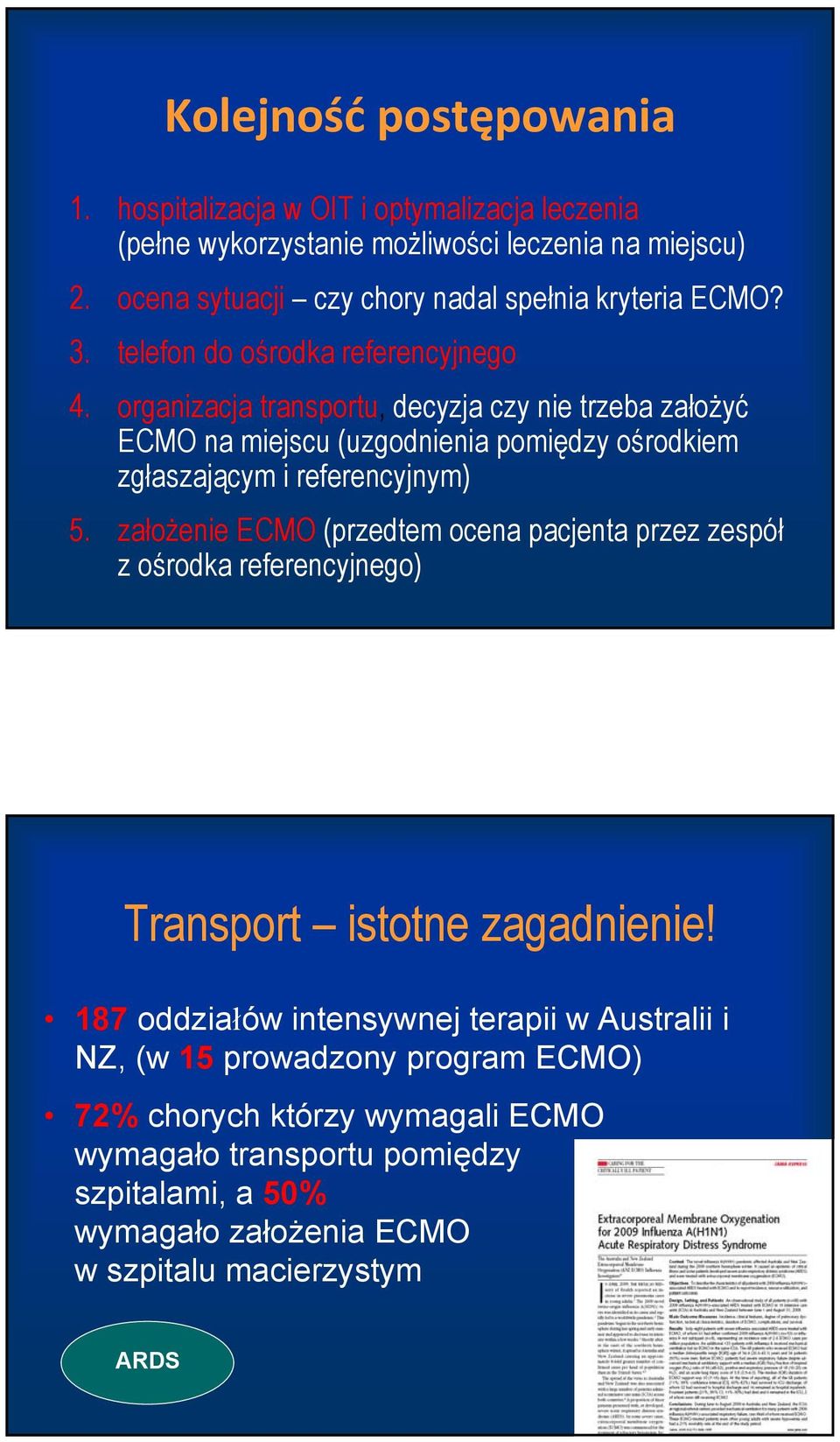 organizacja transportu, decyzja czy nie trzeba założyć ECMO na miejscu (uzgodnienia pomiędzy ośrodkiem zgłaszającym i referencyjnym) 5.