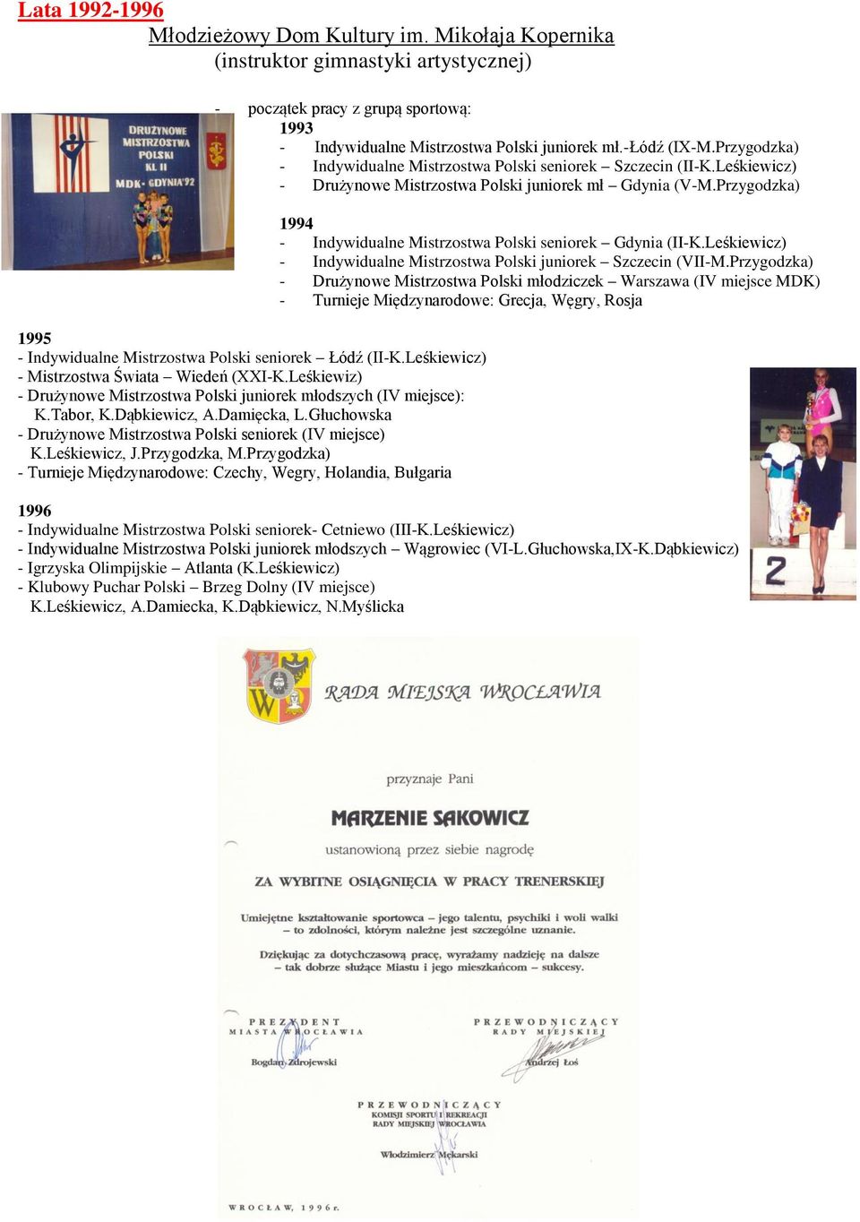 Przygodzka) 1995 - Indywidualne Mistrzostwa Polski seniorek Łódź (II-K.Leśkiewicz) - Mistrzostwa Świata Wiedeń (XXI-K.Leśkiewiz) - Drużynowe Mistrzostwa Polski juniorek młodszych (IV miejsce): K.