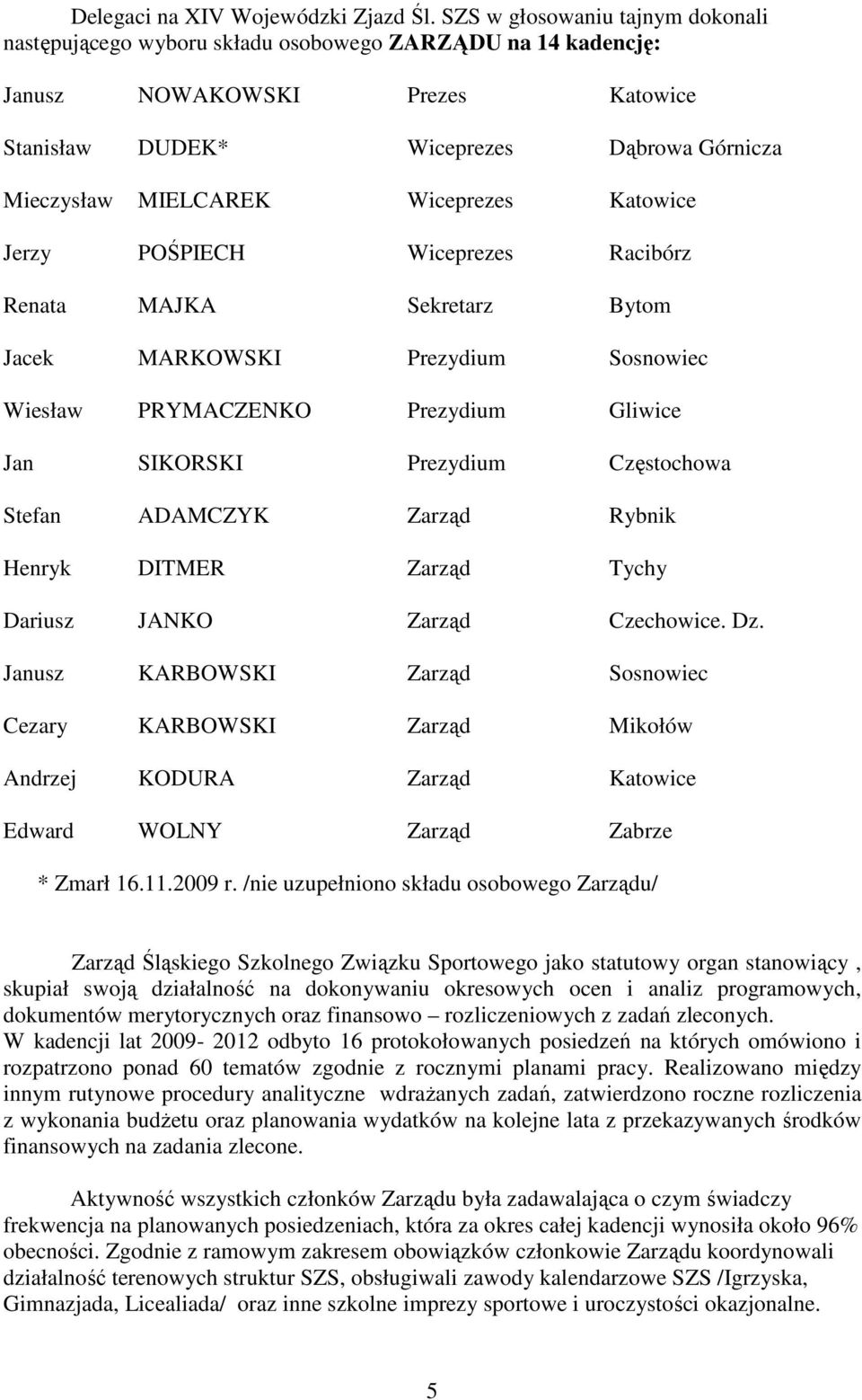 Wiceprezes Katowice Jerzy POŚPIECH Wiceprezes Racibórz Renata MAJKA Sekretarz Bytom Jacek MARKOWSKI Prezydium Sosnowiec Wiesław PRYMACZENKO Prezydium Gliwice Jan SIKORSKI Prezydium Częstochowa Stefan