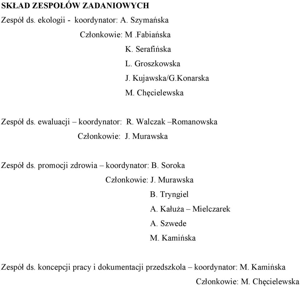 Murawska Zespół ds. promocji zdrowia koordynator: B. Soroka Członkowie: J. Murawska B. Tryngiel A. Kałuża Mielczarek A.