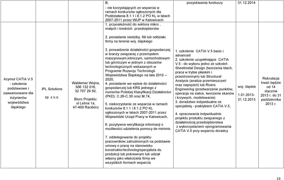 5 - szkolenia podstawowe i zaawansowane dla inżynierów województwa śląskiego IPL Solutions sp. z o.o. Waldemar Wojna, 506 132 016, 32 707 29 50, Biuro Projektu: ul Leśna 1a, 47-400 Racibórz 3.