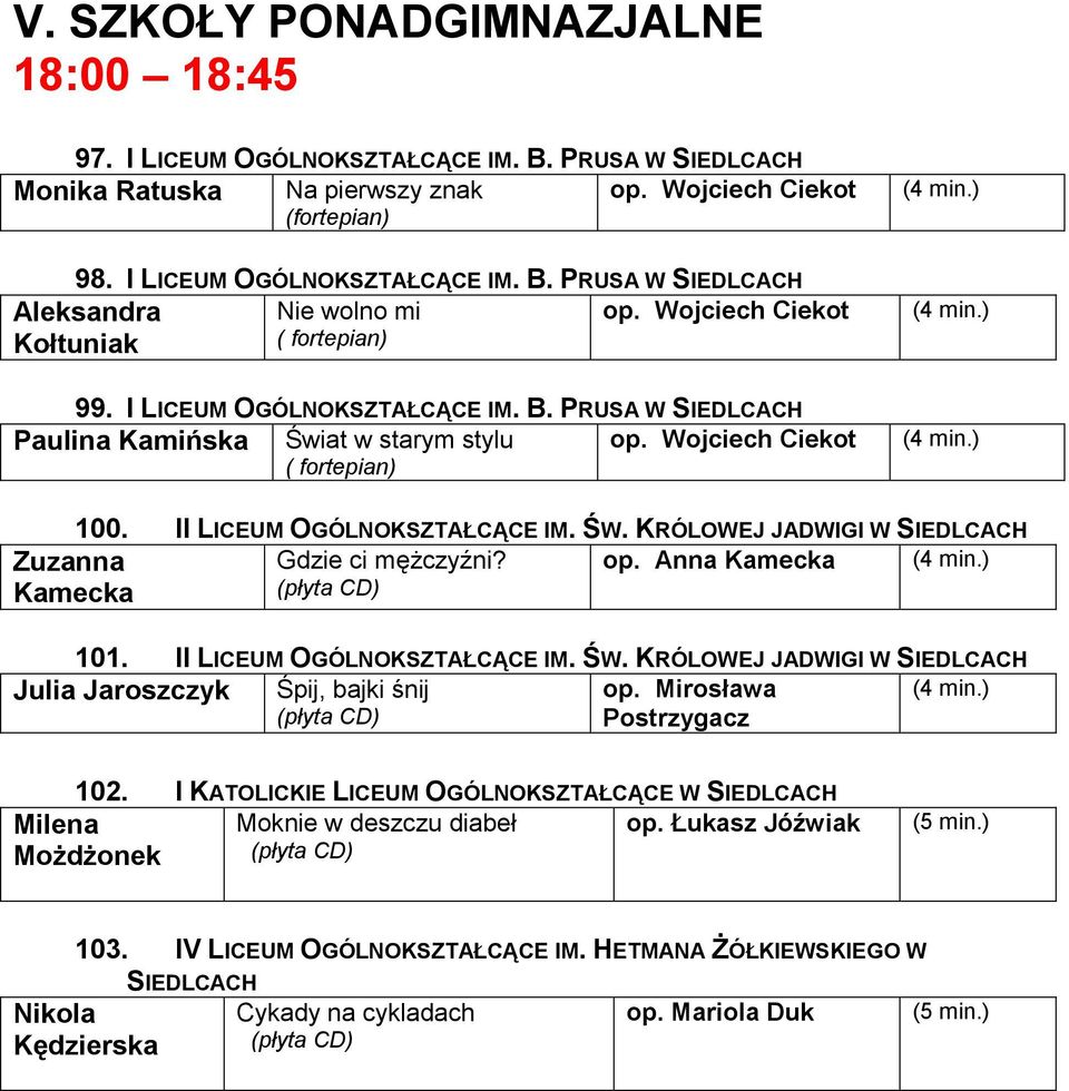 II LICEUM OGÓLNOKSZTAŁCĄCE IM. ŚW. KRÓLOWEJ JADWIGI W SIEDLCACH Zuzanna Kamecka Gdzie ci mężczyźni? op. Anna Kamecka (4 min.) 101. II LICEUM OGÓLNOKSZTAŁCĄCE IM. ŚW. KRÓLOWEJ JADWIGI W SIEDLCACH Julia Jaroszczyk Śpij, bajki śnij op.
