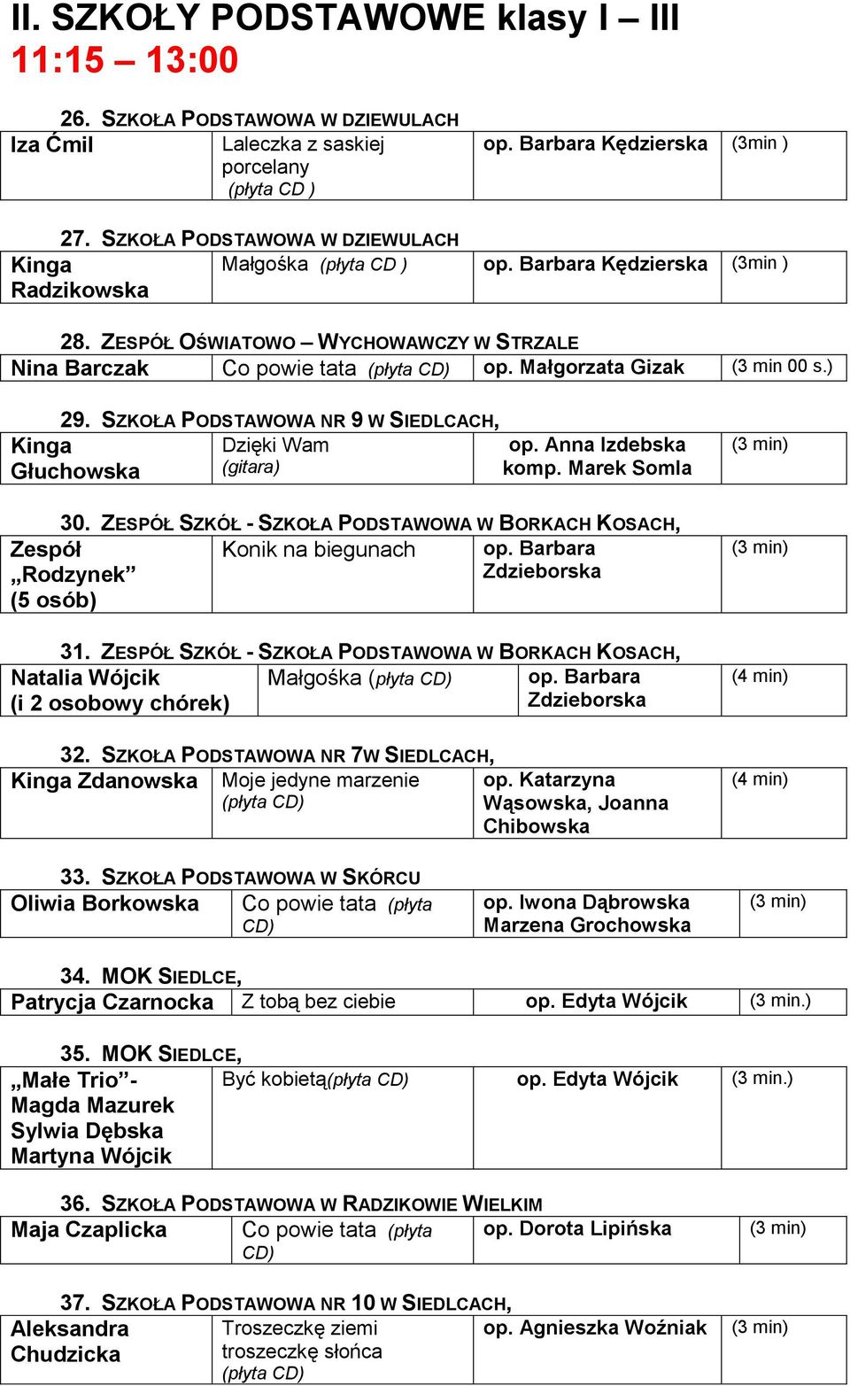 Małgorzata Gizak (3 min 00 s.) 29. SZKOŁA PODSTAWOWA NR 9 W SIEDLCACH, Dzięki Wam (gitara) Kinga Głuchowska op. Anna Izdebska komp. Marek Somla 30.