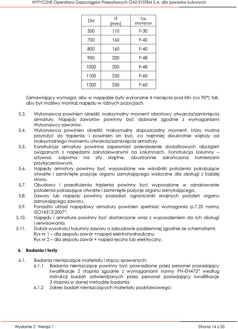 Napędy zaworów powinny być dobrane zgodnie z wymaganiami Wykonawcy zaworów. 5.4.