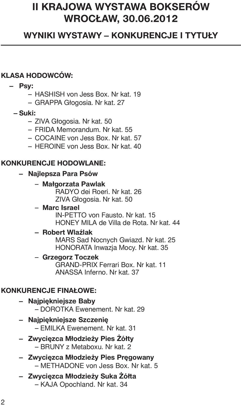 Nr kat. 15 HONEY MILA de Villa de Rota. Nr kat. 44 Robert Wlaźlak MARS Sad Nocnych Gwiazd. Nr kat. 25 HONORATA Inwazja Mocy. Nr kat. 35 Grzegorz Toczek GRAND-PRIX Ferrari Box. Nr kat. 11 ANASSA Inferno.